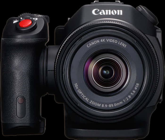 4K ultra HD 2160p 桌布 壁紙 — 一部時尚的黑色 Canon 4K 攝影機，帶有紅色錄製按鈕和 10 倍光學變焦鏡頭，背景為深色。