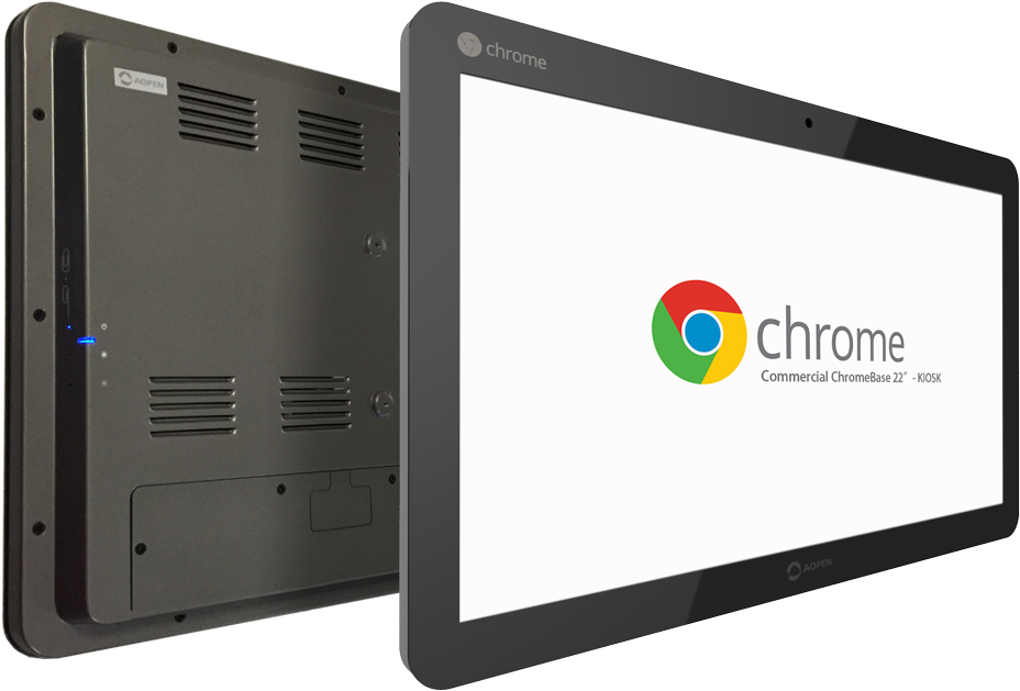 Google Chrome 桌布 壁紙 — 一部時尚的黑色 Chromebook，背板顯示通風口和連接埠，螢幕顯示 Chrome 標誌和文字。