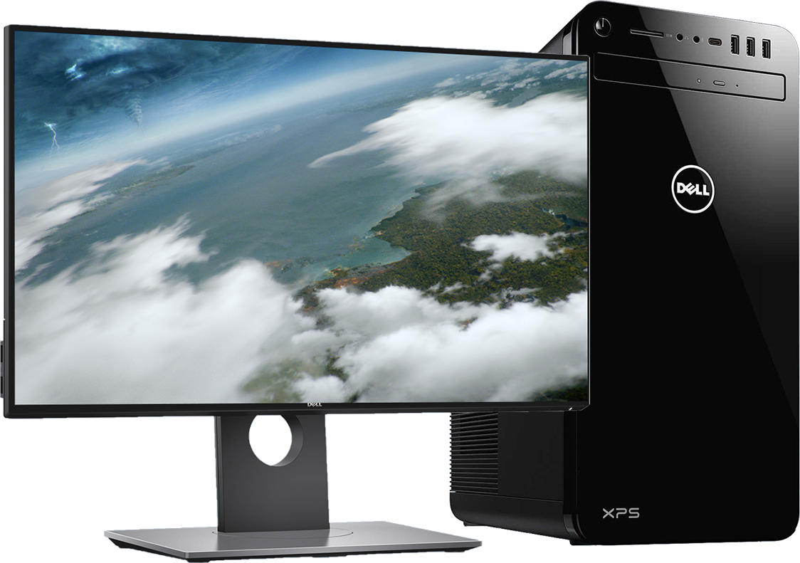 桌面 桌布 壁紙 — 一部時尚的黑色 Dell XPS 桌上型電腦連顯示器，顯示雲層和海岸線的戲劇性鳥瞰圖。