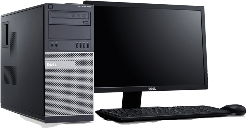 科技動圖 桌布 壁紙 — 一部時尚的黑色 Dell 桌上型電腦，配備顯示器、鍵盤和滑鼠，置於潔白背景上。