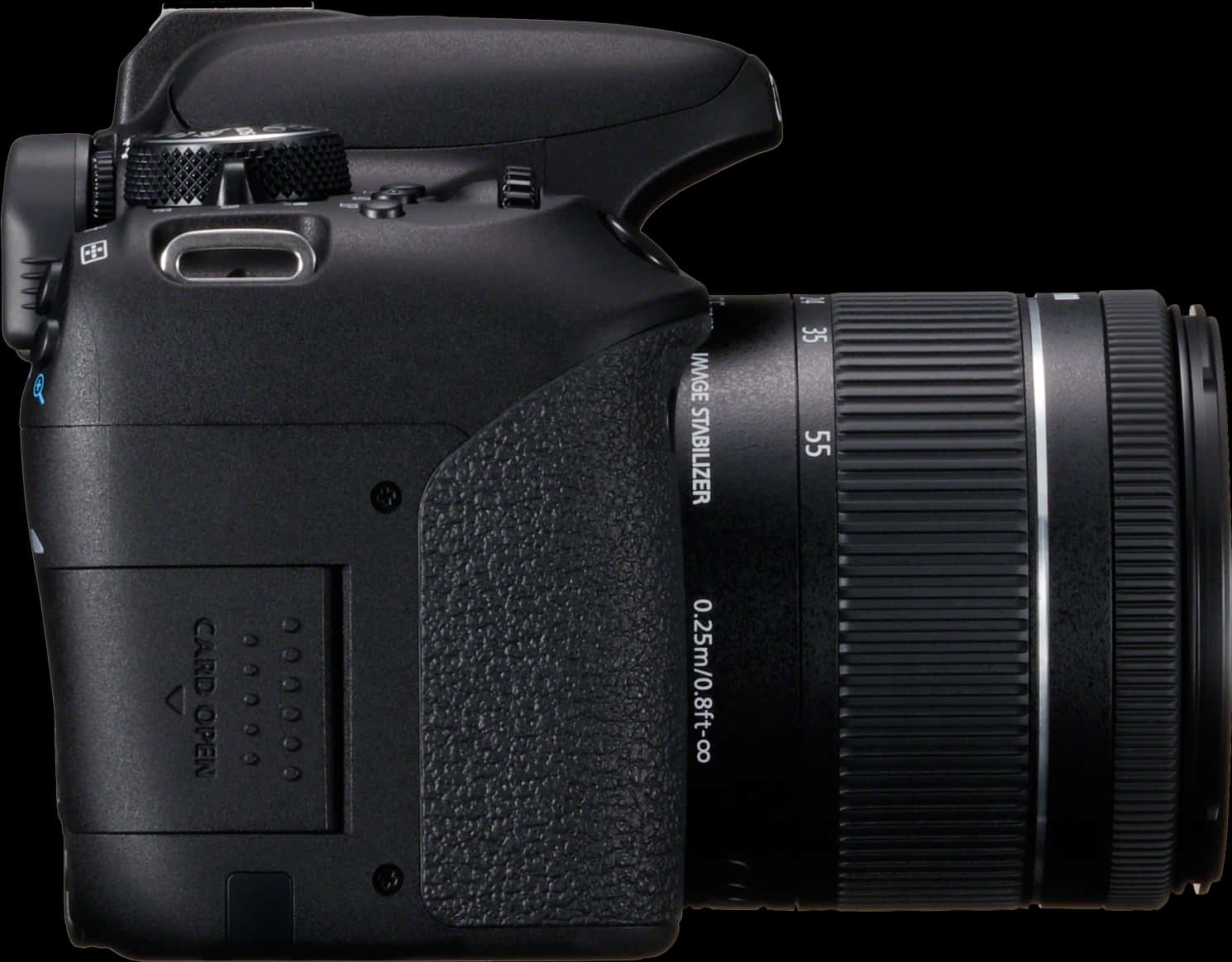 相機 桌布 壁紙 — 一部時尚的黑色 DSLR 相機，帶有紋理手柄和標有 35-55mm 的鏡頭，背景為純黑色。