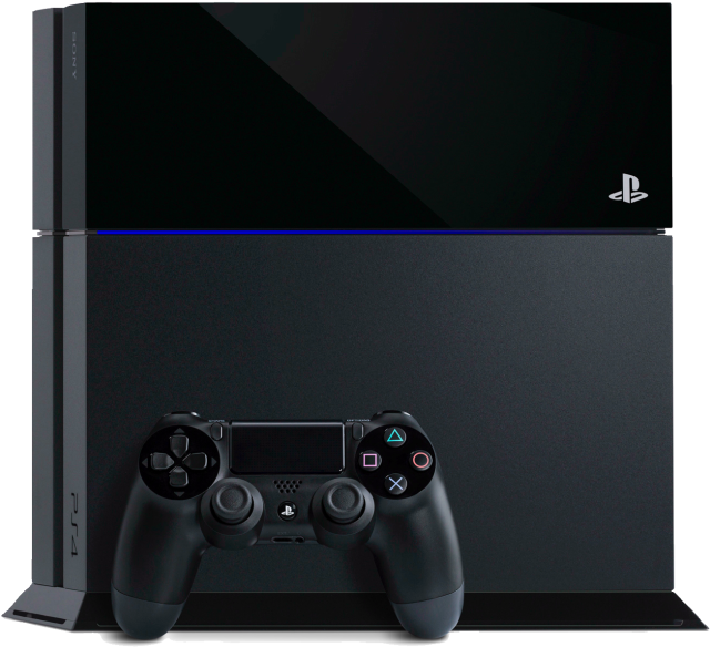 PlayStation 桌布 壁紙 — 一部時尚的黑色 PlayStation 4 主機，配備一個發出藍光的匹配控制器，背景為白色。
