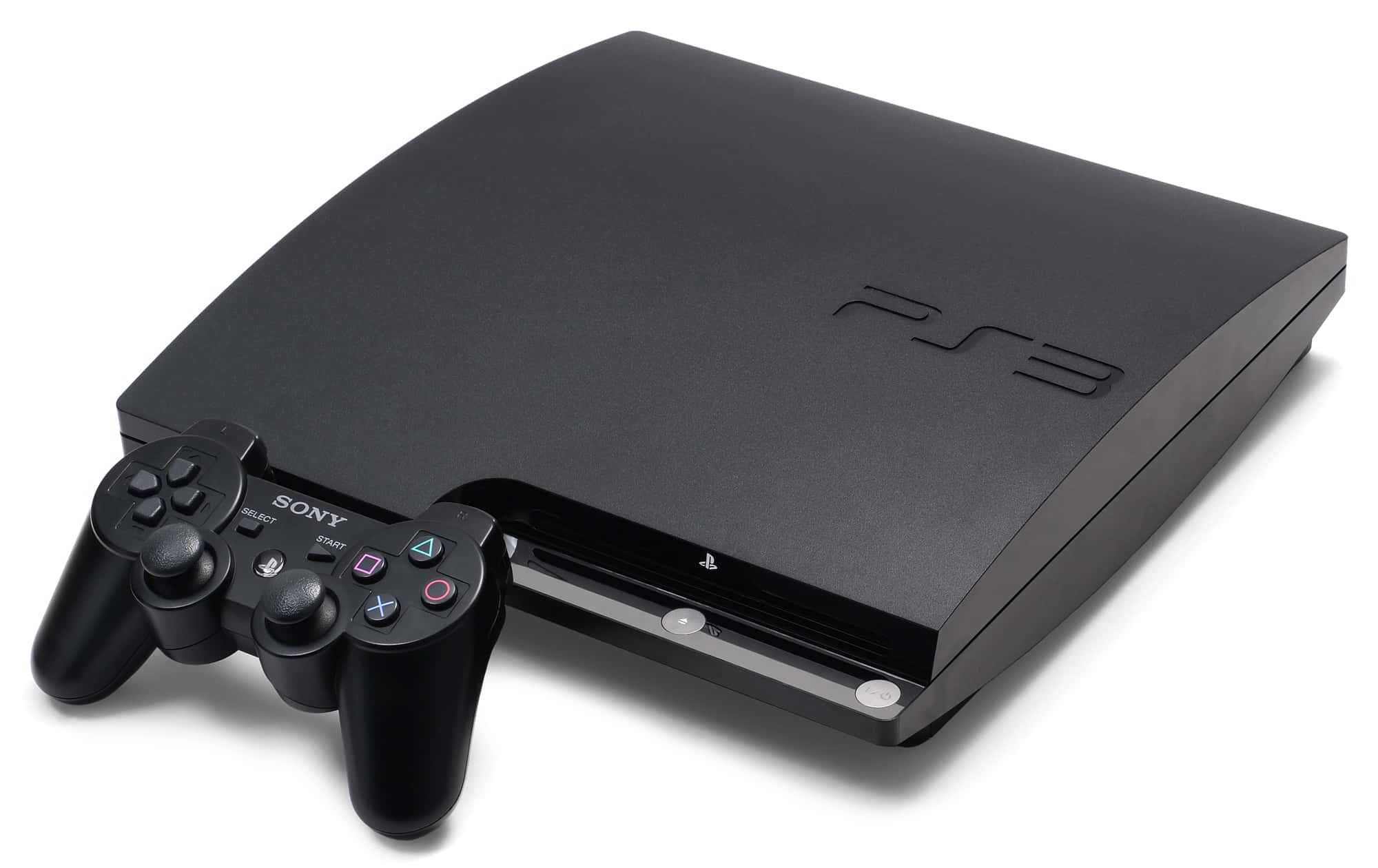 PlayStation 桌布 壁紙 — 一部時尚的黑色 PlayStation 3 主機及其控制器在明亮的攝影棚燈光下放置在潔白的表面上。