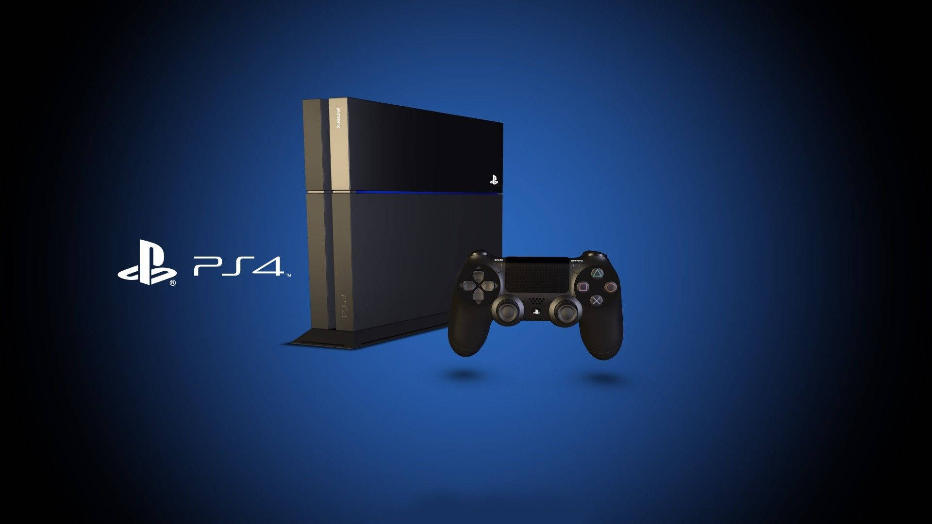 Best Ps4 桌布 壁紙 — 一部時尚的黑色 PlayStation 4 主機和控制器，在帶有 PS4 標誌的漸變藍色背景上。