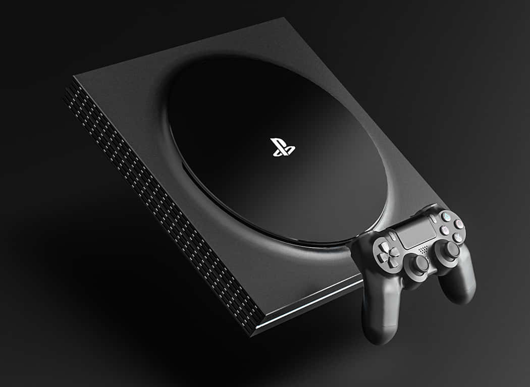 PlayStation 桌布 壁紙 — 一部時尚的黑色 PlayStation 5 主機和控制器在工作室燈光下放置在深色表面上。
