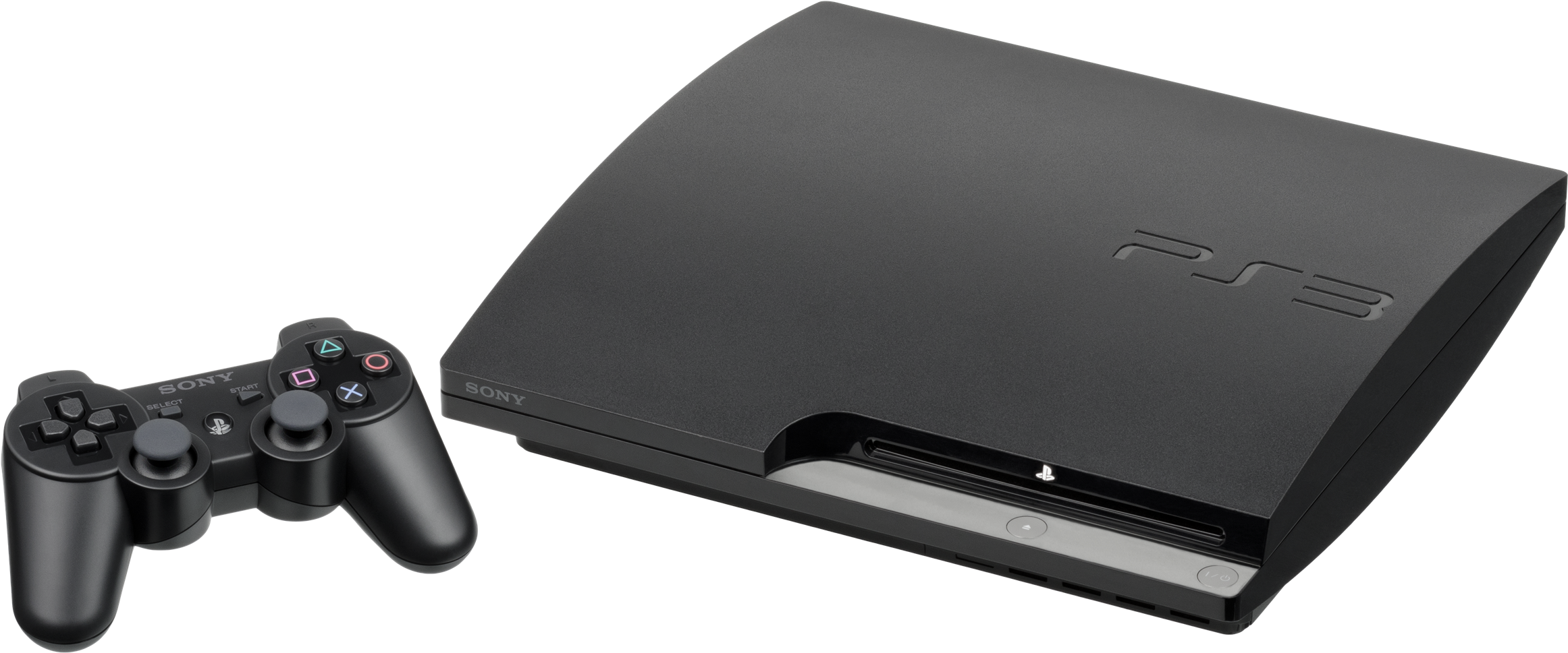 PlayStation 桌布 壁紙 — 一部時尚的黑色 PlayStation 3 主機和控制器，在純白色背景上孤立展示。