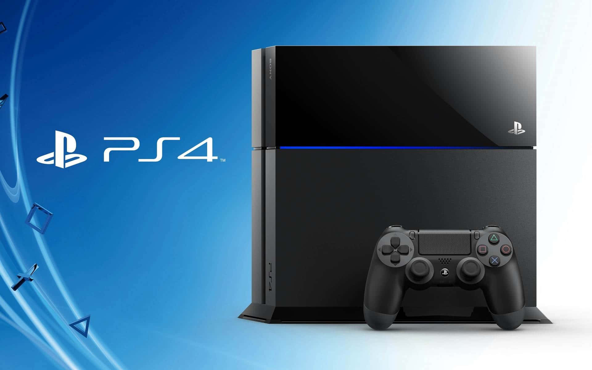 PlayStation 4 主機和控制器在藍色漸變背景上，帶有浮動形狀。 — Ps4 壁紙