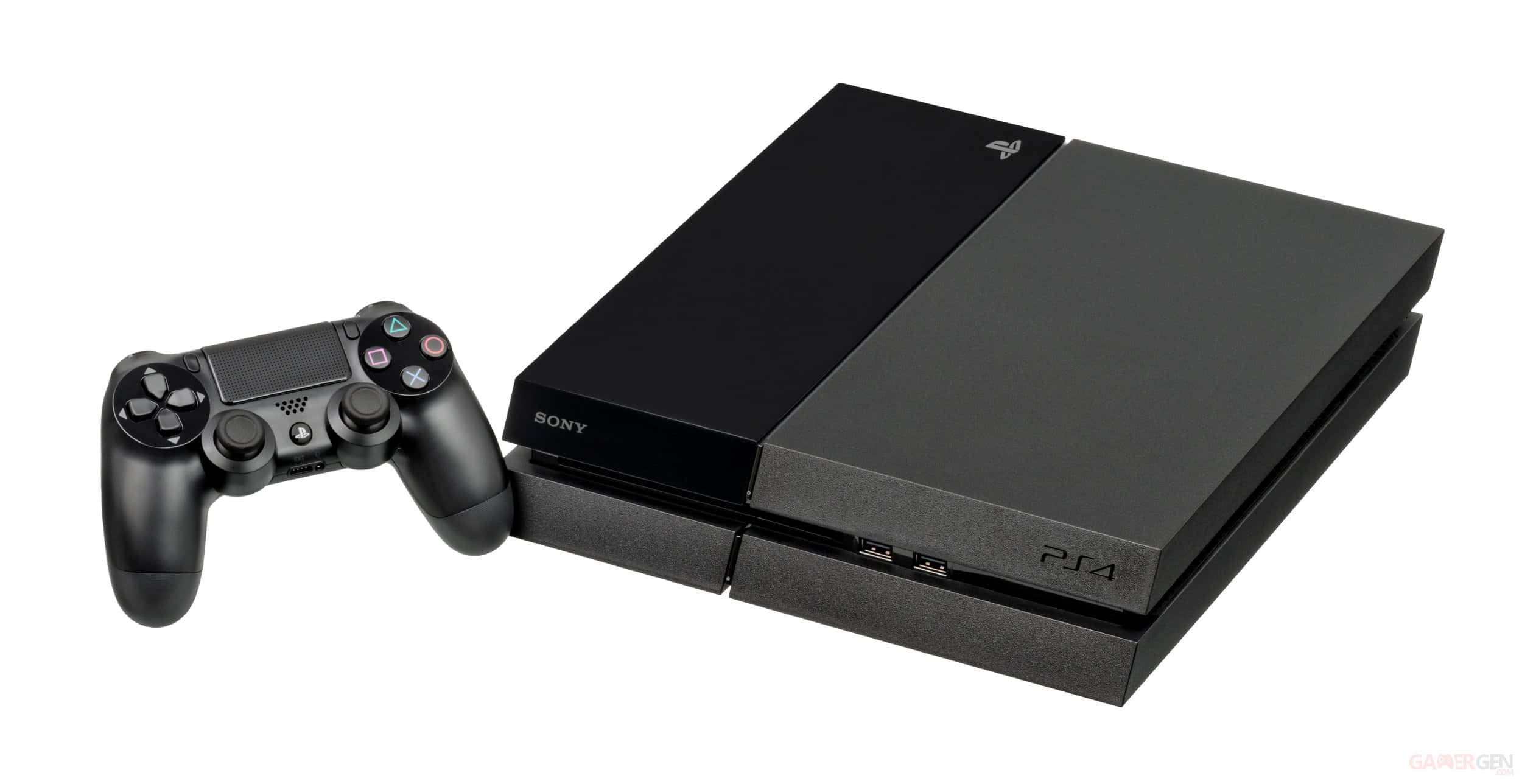 PlayStation 桌布 壁紙 — 一部時尚的黑色 PlayStation 4 主機和 DualShock 4 控制器並排放置在乾淨的白色背景上。