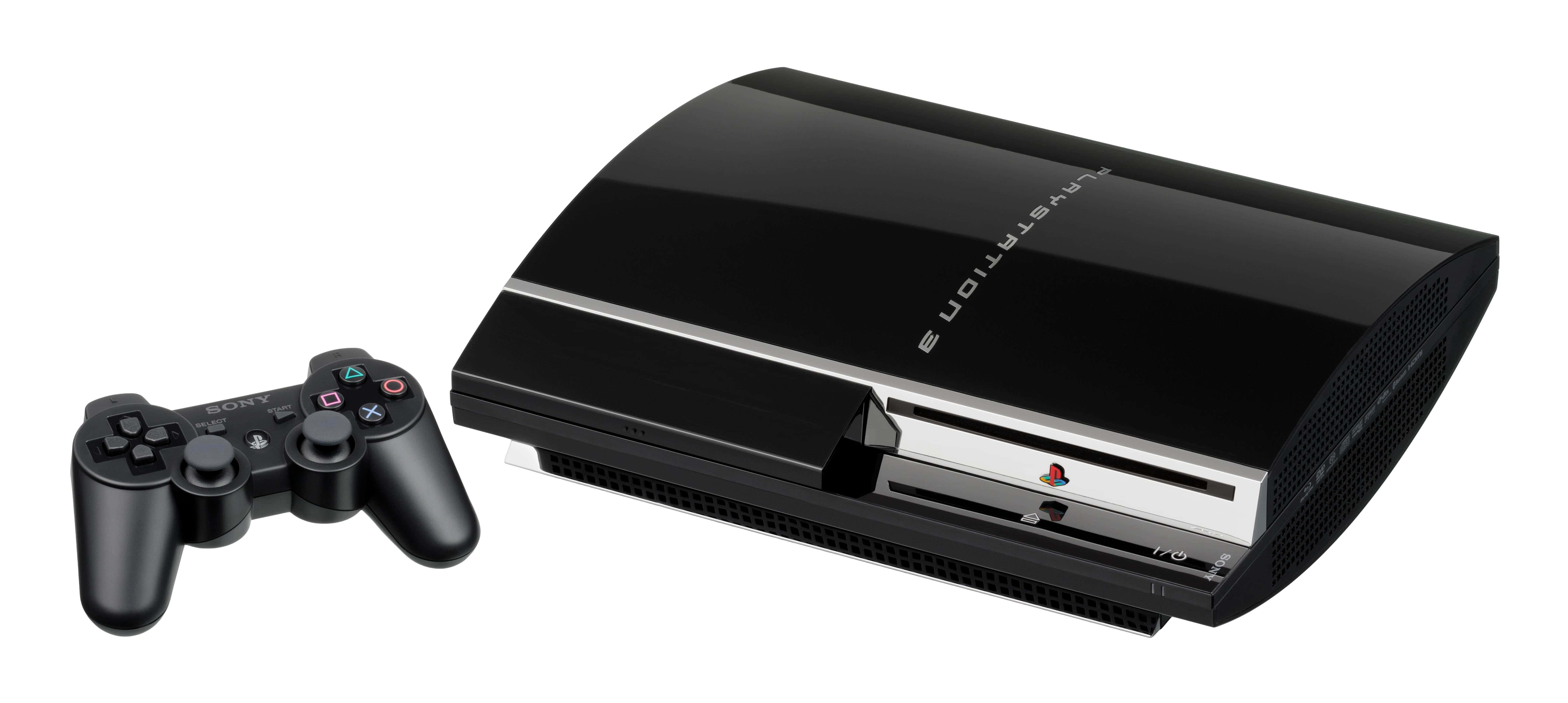 PlayStation 桌布 壁紙 — 一部時尚的黑色 PlayStation 3 主機和控制器，背景為純白色。