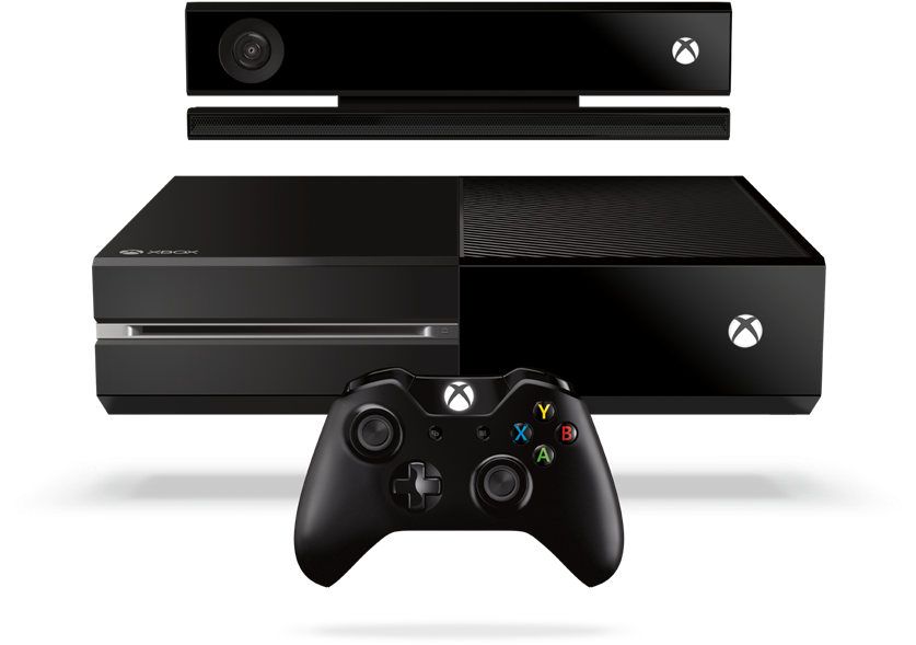 Xbox 桌布 壁紙 — 一部時尚的黑色 Xbox One 主機、控制器及 Kinect 感應器，展示在潔白背景上。