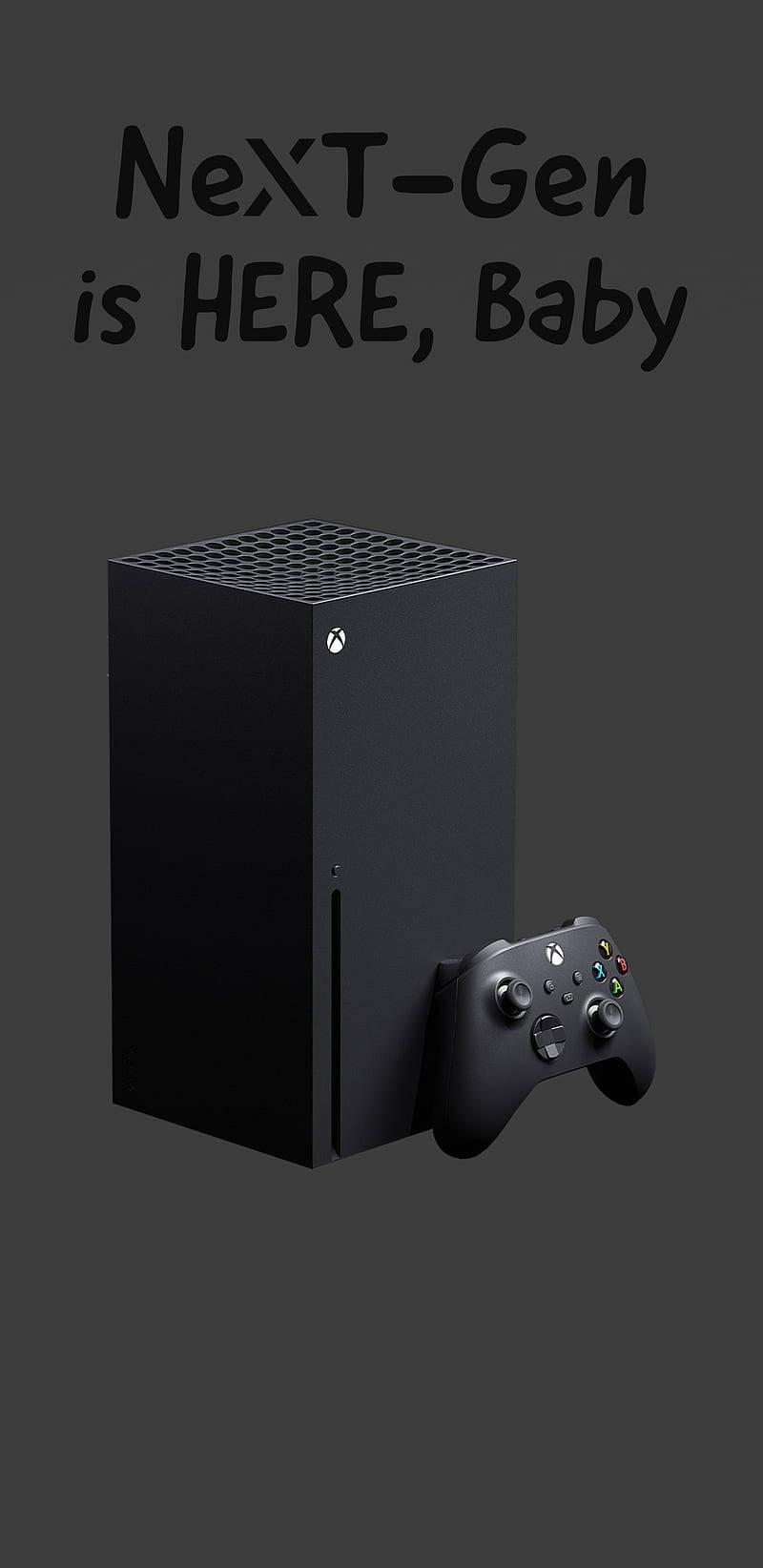 X 桌布 壁紙 — 一部時尚的黑色 Xbox Series X 主機和控制器，在深灰色背景上以粗體文字宣示次世代遊戲。