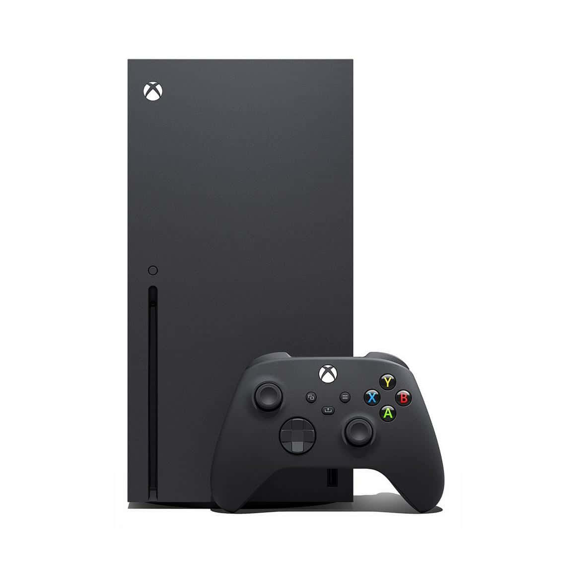 Xbox 桌布 壁紙 — 一部時尚的黑色 Xbox Series X 主機與其匹配的控制器並排站立在潔淨的白色背景前。
