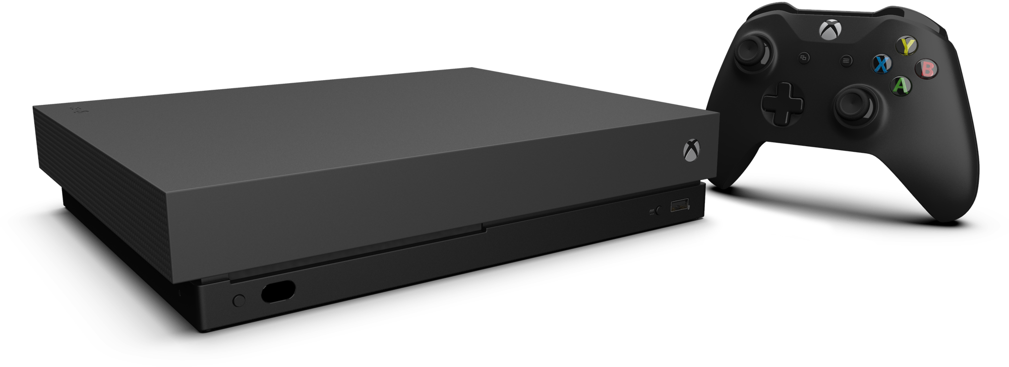 Xbox 桌布 壁紙 — 一部時尚的黑色 Xbox 主機和控制器，在純黑色背景上以乾淨的攝影棚燈光隔離。