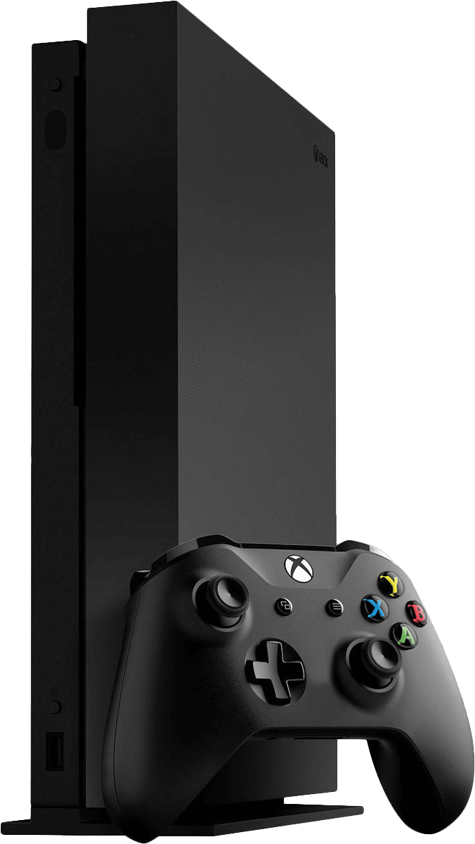 Xbox 桌布 壁紙 — 一部時尚的黑色 Xbox 主機直立擺放，其對應的手把放在前方，背景為純綠色。
