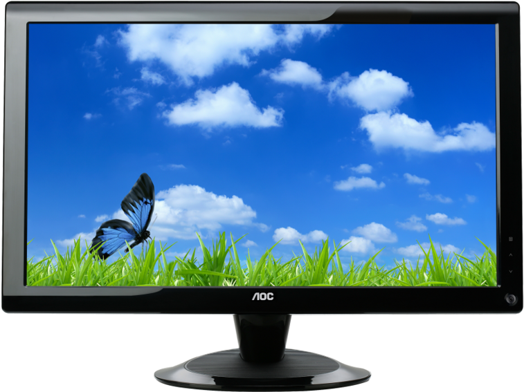 Monitor 桌布 壁紙 — 一部時尚的黑色AOC顯示器顯示了一張充滿活力的桌布，藍天白雲，一隻黑色蝴蝶在茂盛的綠草上盤旋。