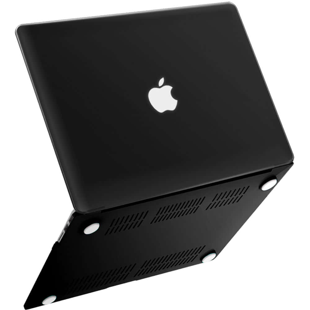 Black Macbook 桌布 壁紙 — 一部時尚的黑色Apple筆記型電腦以一定角度打開，置於乾淨的白色背景上，突顯其簡約設計和通風口。