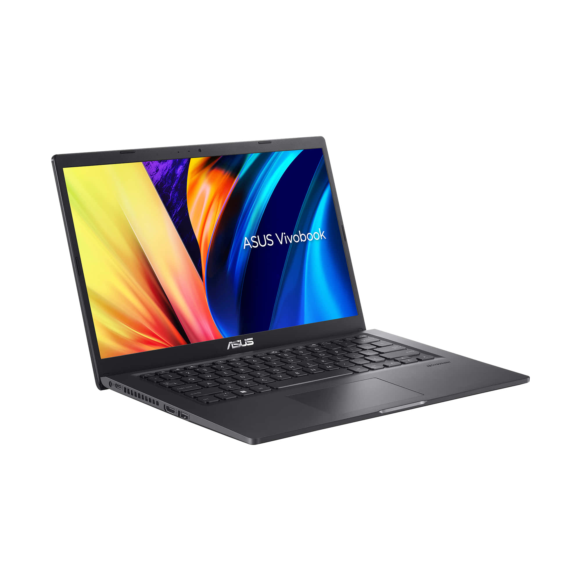 ASUS 桌布 壁紙 — 一部時尚的黑色ASUS Vivobook筆記型電腦以傾斜角度打開，置於潔白背景前，螢幕顯示充滿活力的抽象畫面。