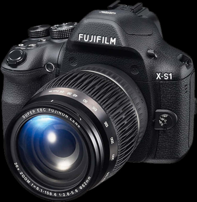 相機 桌布 壁紙 — 一部時尚的黑色Fujifilm X-S1無反相機，帶有藍色調鏡頭，在純黑色背景下閃閃發光。