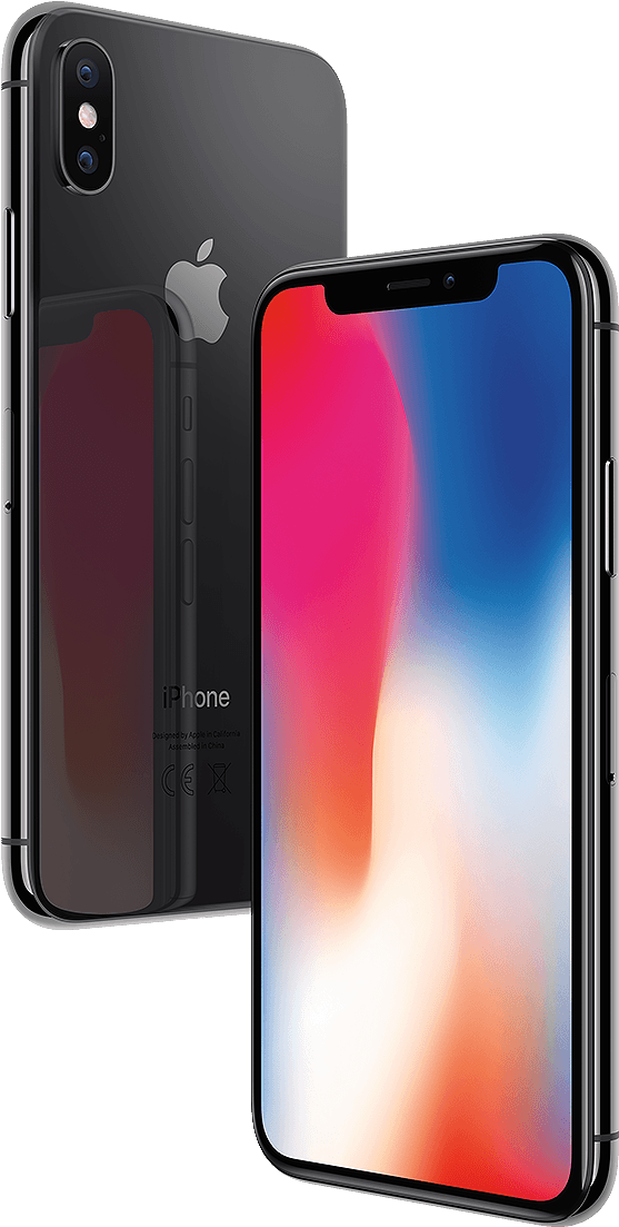 iPhone X 桌布 壁紙 — 一部時尚的黑色iPhone X，在純黑背景上展示正面和背面，配以充滿活力的漸變螢幕。