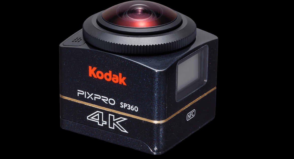 4K 桌布 壁紙 — 一部時尚的黑色Kodak Pixpro SP360 4K運動相機，帶有紅色色調的魚眼鏡頭，背景為純黑色。