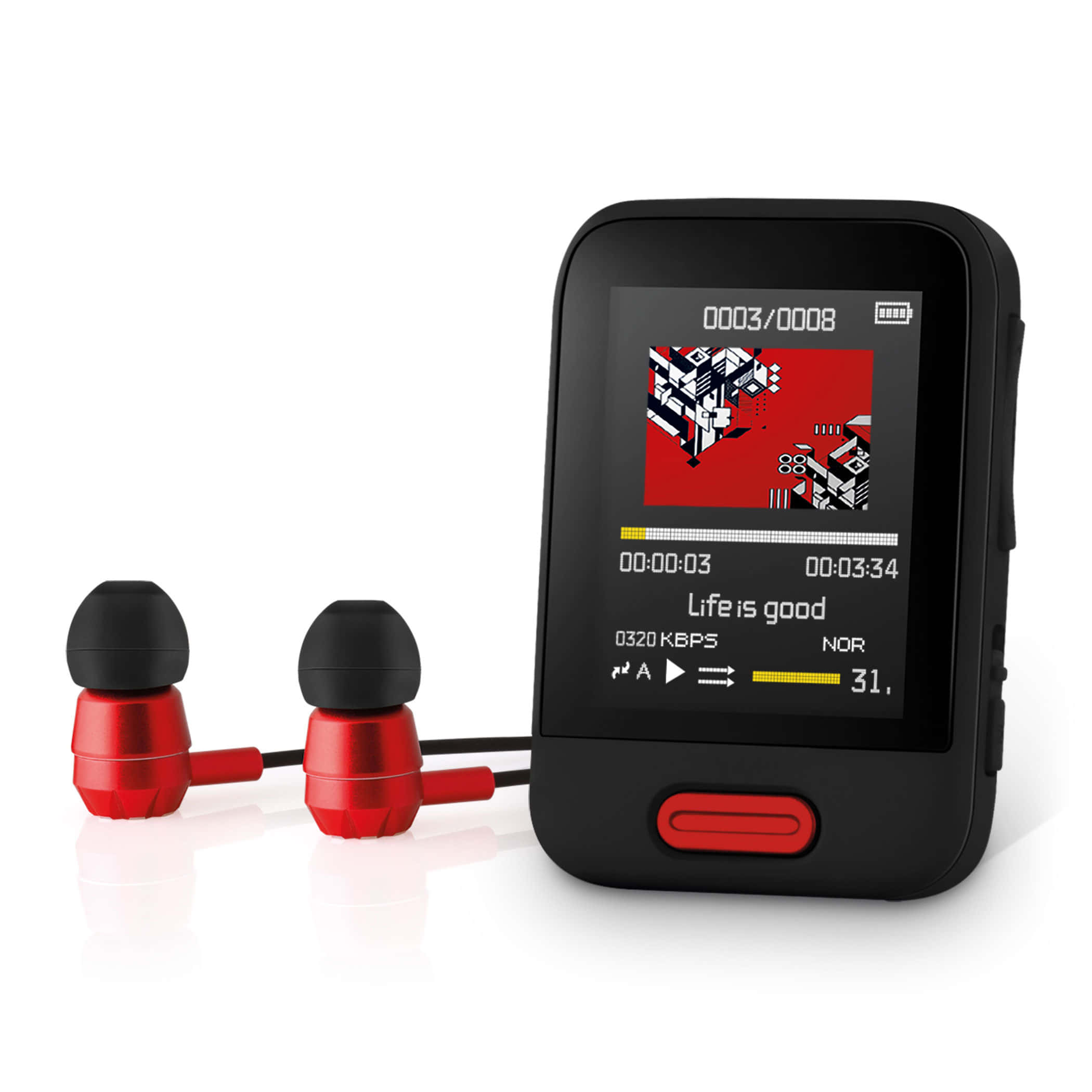 Music Player 桌布 壁紙 — 一部時尚的黑色MP3播放器帶有紅色點綴，在乾淨的白色背景上顯示幾何專輯封面和歌曲名稱Life is good。