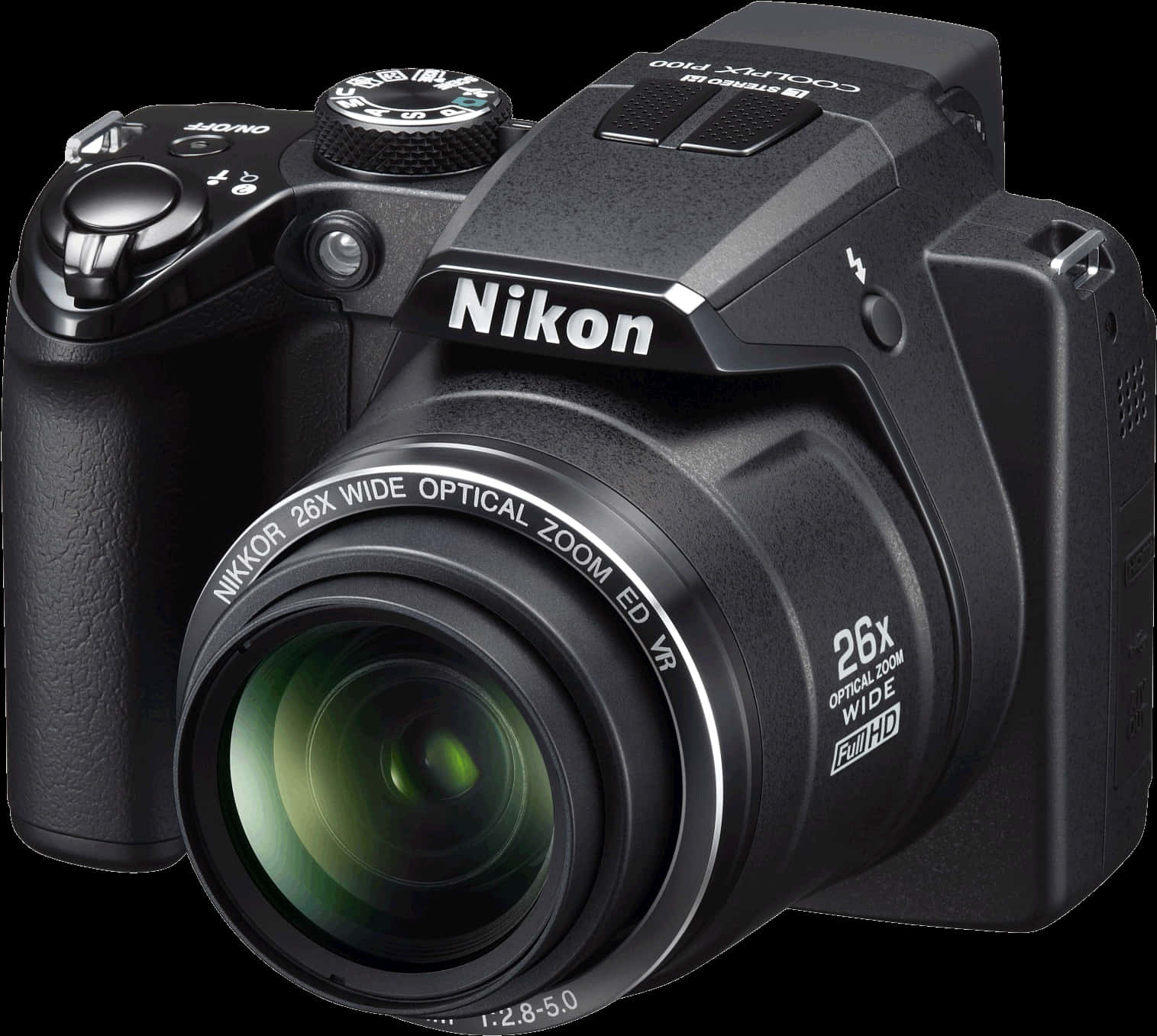相機 桌布 壁紙 — 一部時尚的黑色Nikon COOLPIX相機，配備26倍光學變焦鏡頭，在純白色背景上清晰顯示細節。