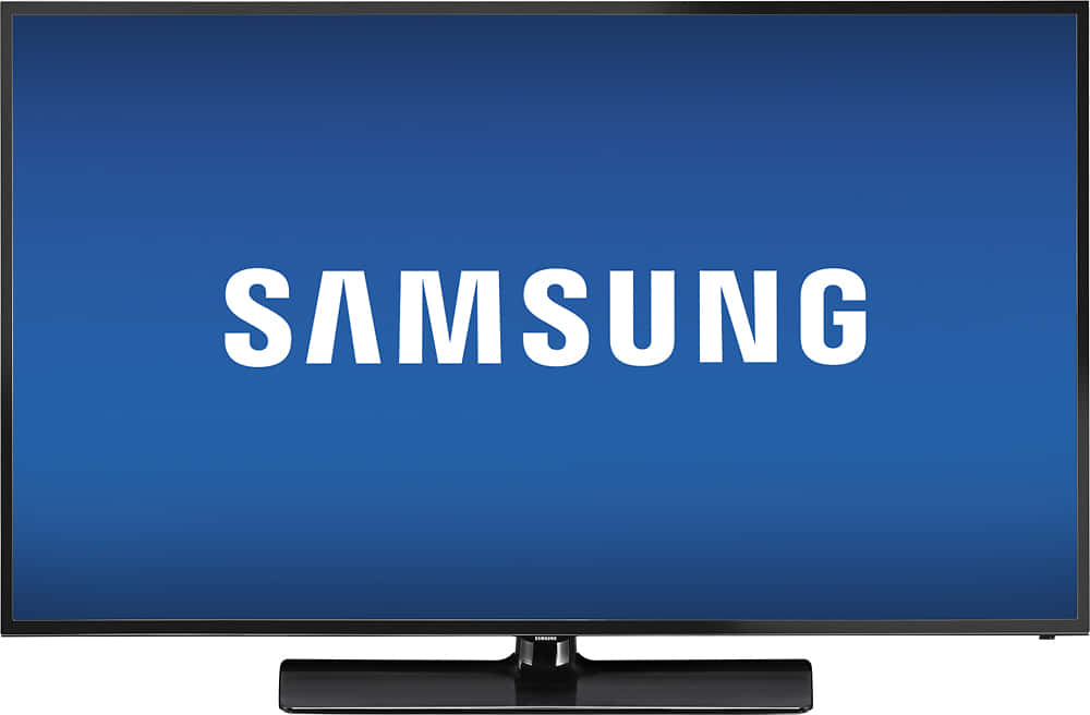 三星 桌布 壁紙 — 一部時尚的黑色Samsung電視在漸變藍色螢幕上顯示大膽的白色標誌。