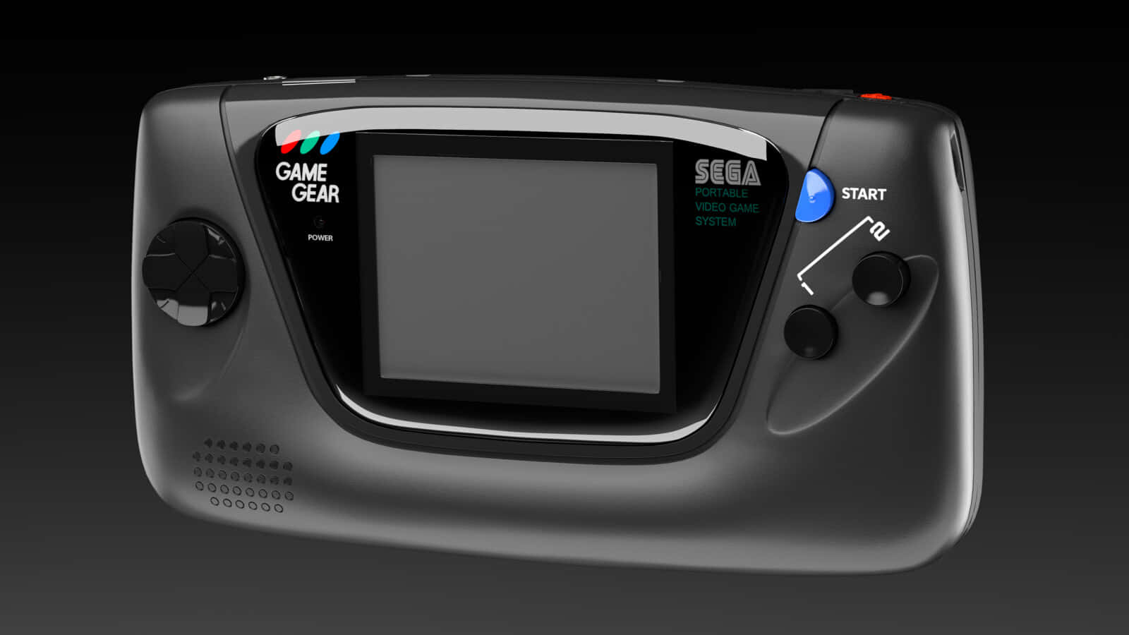 game 桌布 壁紙 — 一部時尚的黑色Sega Game Gear手提遊戲機，帶有發光的藍色啟動按鈕和銀色飾邊，背景為深色漸變。
