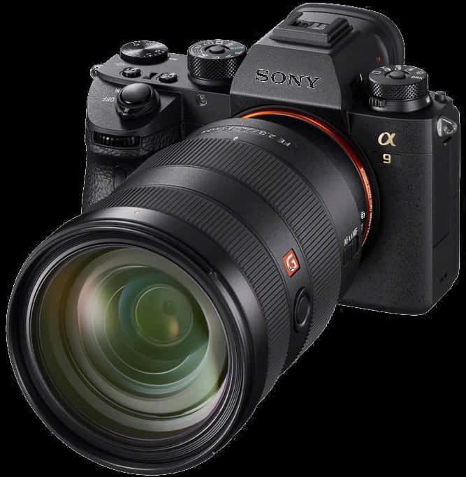 相機 桌布 壁紙 — 一部時尚的黑色Sony Alpha 9無反相機，配備大型鏡頭，以純白色背景為襯托。