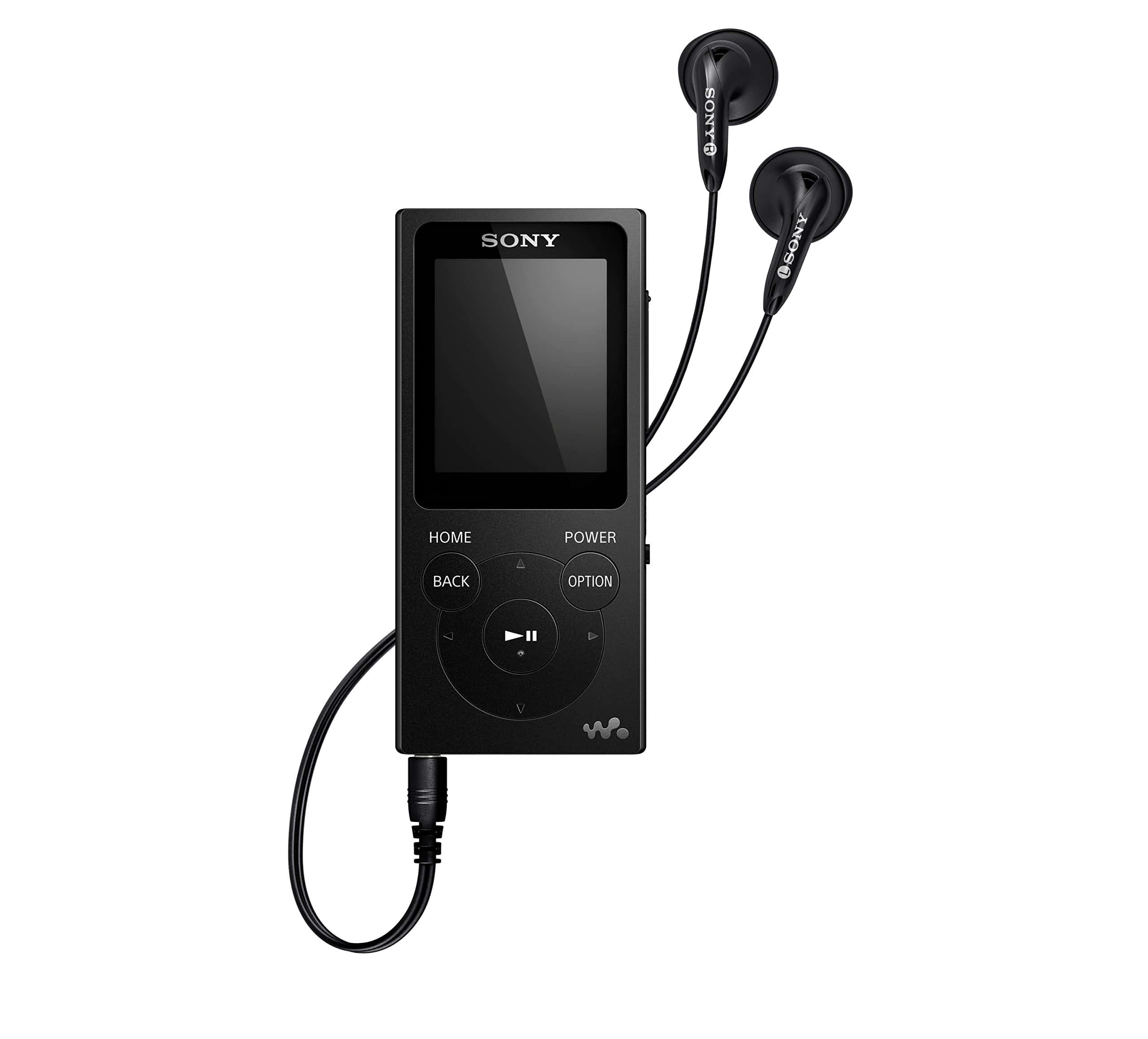 Music Player 桌布 壁紙 — 一部時尚的黑色Sony Walkman MP3播放器，附帶耳塞，置於潔白背景上。