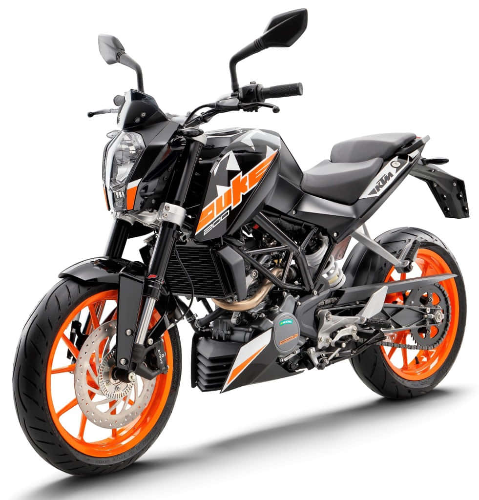 機車 桌布 壁紙 — 一部時尚的黑色和橙色KTM Duke 200機車，配備外露引擎和運動設計，背景為乾淨的白色。