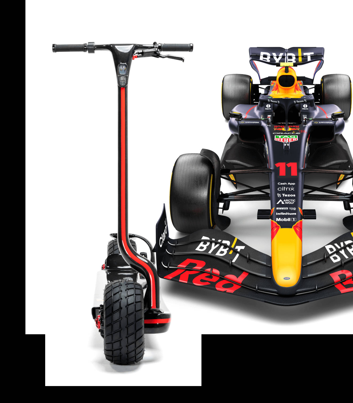 電動滑板車與Red Bull F1賽車並排於白色背景上 — 紅牛F1 壁紙