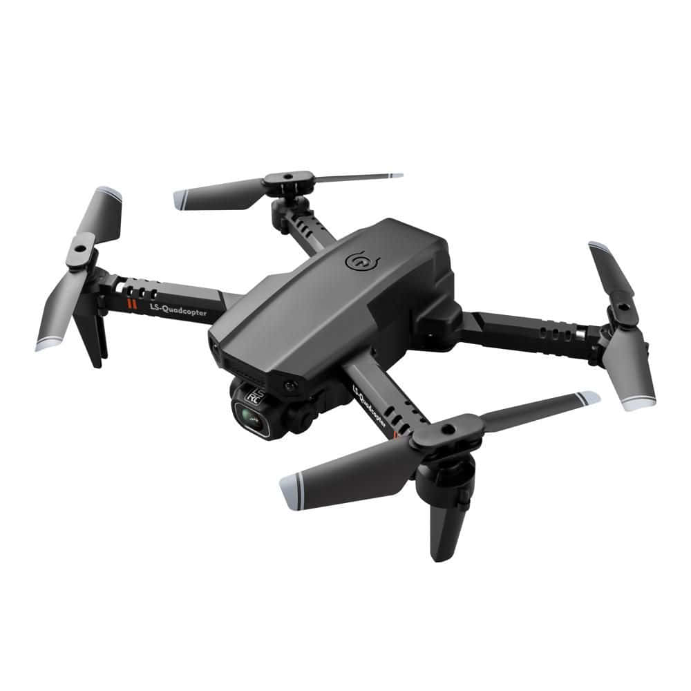 drone 桌布 壁紙 — 一部時尚的黑色四軸無人機，配備四個旋翼和前置鏡頭，在純白色背景上展示。