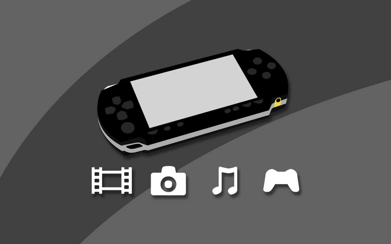 Psp 桌布 壁紙 — 一部時尚的黑色手持遊戲機放在灰色對角線背景上，下方有白色媒體和遊戲圖標。