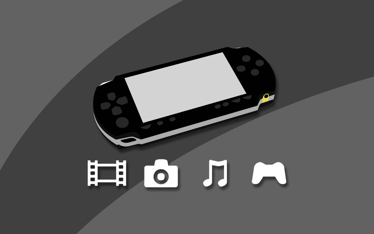 PlayStation 桌布 壁紙 — 一部時尚的黑色手持遊戲機放在灰色對角漸變背景上，下方有白色媒體圖標。