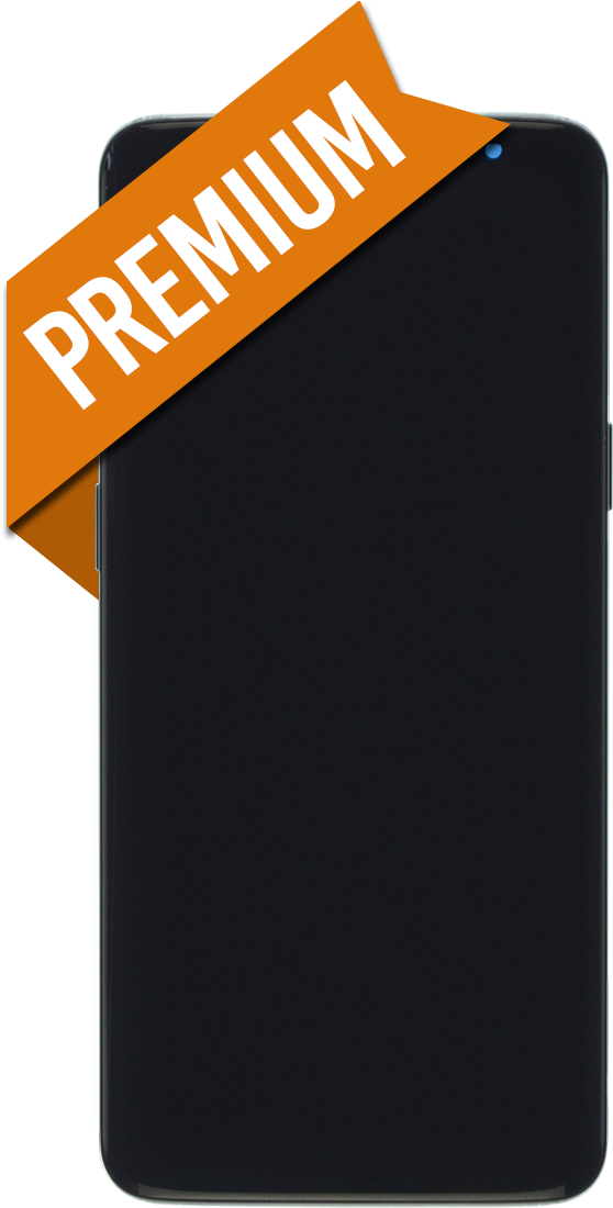 Mobile Frame 桌布 壁紙 — 一部時尚的黑色智慧型手機，具有光澤表面，背面帶有對角線的橙色高級貼紙。