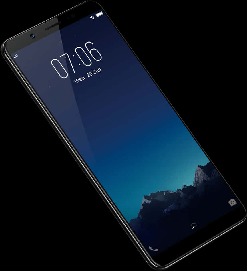 Smart Phone 桌布 壁紙 — 一部時尚的黑色智慧型手機在07:06顯示山脈桌布，背景為深色。