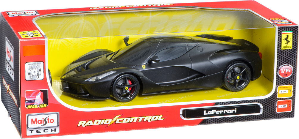 法拉利 桌布 壁紙 — 一部時尚的黑色法拉利 LaFerrari 無線電控制模型車，展示在其紅色和黃色包裝中。