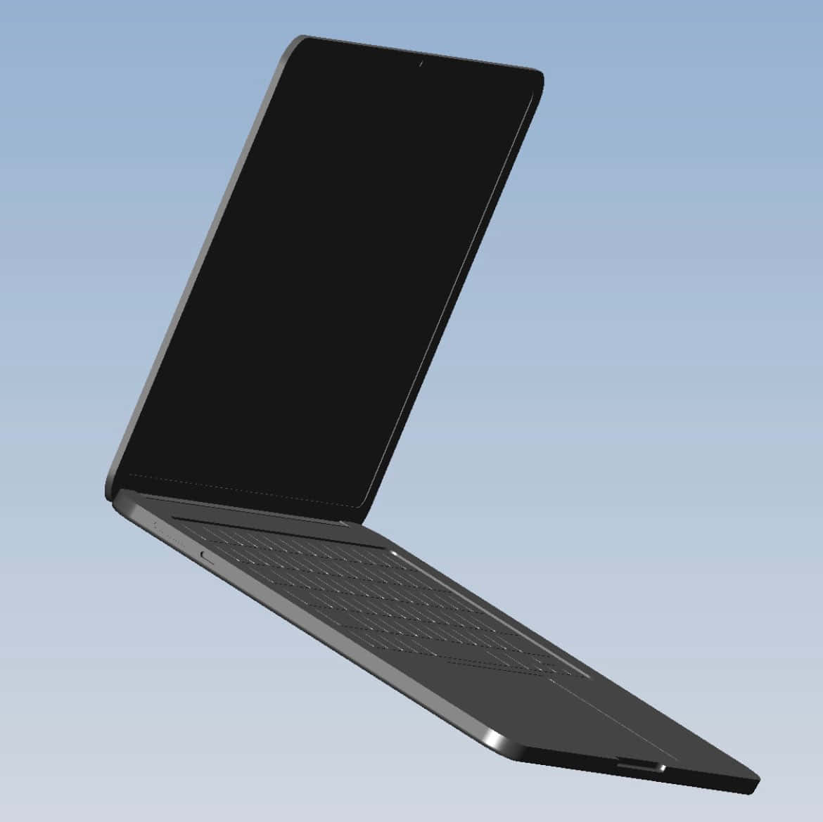 Black Macbook 桌布 壁紙 — 一部時尚的黑色筆記型電腦在柔和的漸變藍色背景上對角漂浮。