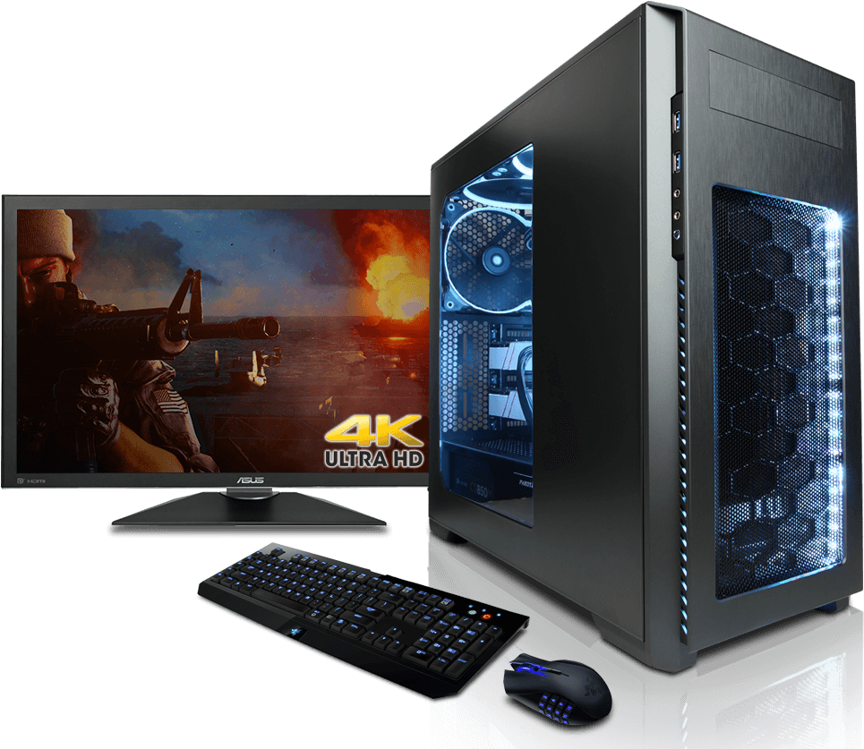 Gaming Computer 桌布 壁紙 — 一部時尚的黑色遊戲電腦，帶有藍色發光內部零件，旁邊放著顯示4K戰場場景（包括士兵和爆炸）的顯示器。