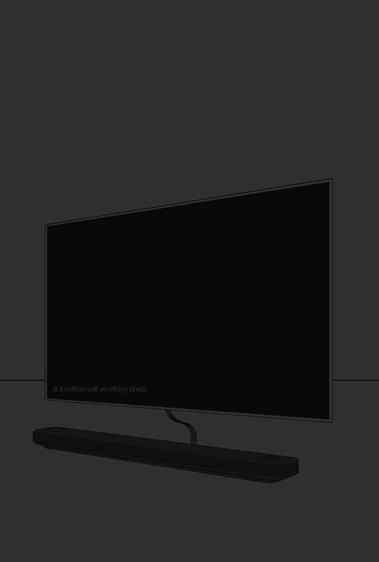 Pixel 3 Oled 桌布 壁紙 — 一部時尚的黑色電視機連同soundbar放置在簡約陰暗的房間中，文字顯示830萬個自發光像素。