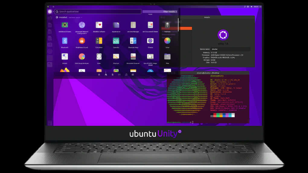 ubuntu 桌布 壁紙 — 一部時尚筆記型電腦顯示 Ubuntu Unity 桌面，帶有鮮豔紫色桌布和開啟的終端機視窗，顯示系統規格和應用程式圖示。