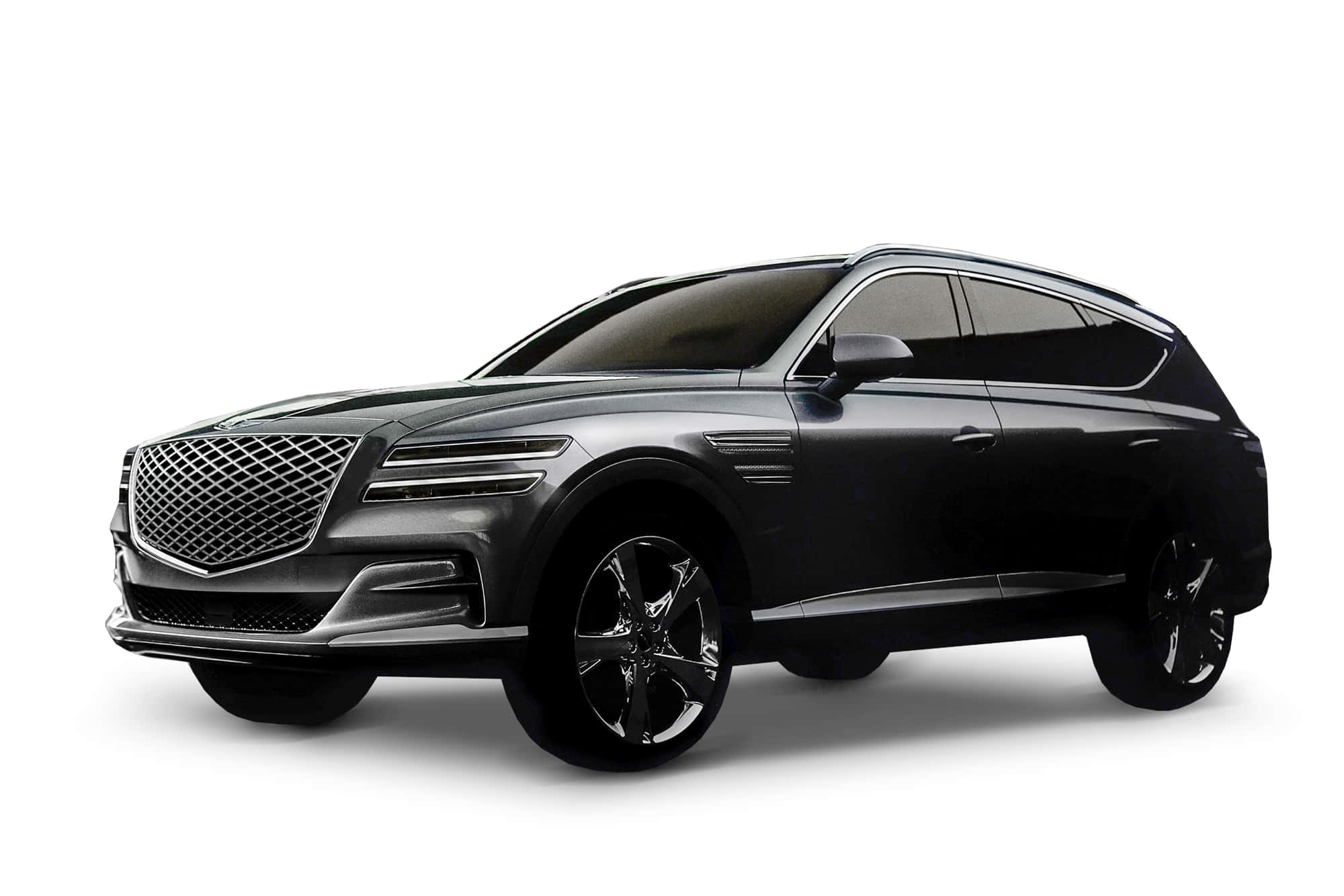 Genesis Gv80 桌布 壁紙 — 一部時尚黑色豪華SUV，配備鍍鉻飾邊和時尚合金輪圈，在潔白背景上展示。