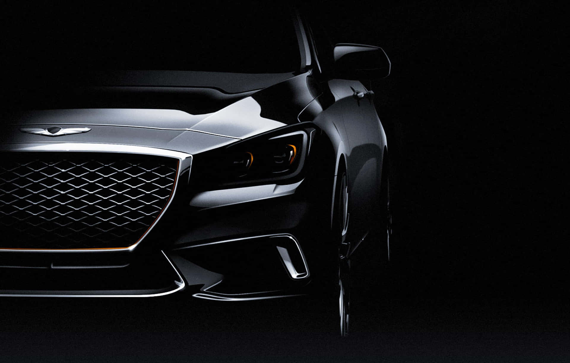 Genesis G80 桌布 壁紙 — 一部時尚黑色豪華車的前臉在漆黑的攝影棚背景下散發出琥珀色頭燈的光芒。