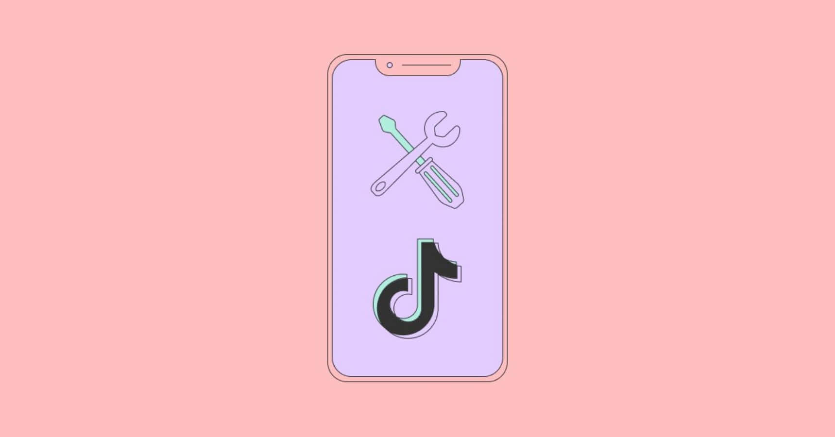 TikTok 動圖 桌布 壁紙 — 一部智慧型手機，帶有TikTok標誌和交叉工具，背景為柔和粉紅色。