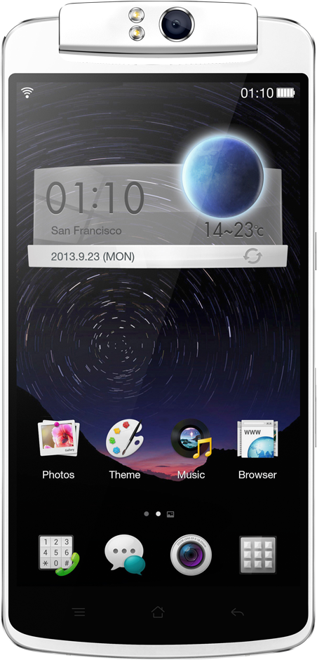 Oppo Mobile 桌布 壁紙 — 一部智慧型手機，帶有星空桌布，展示一顆發光的藍色行星和旋轉的宇宙射線。