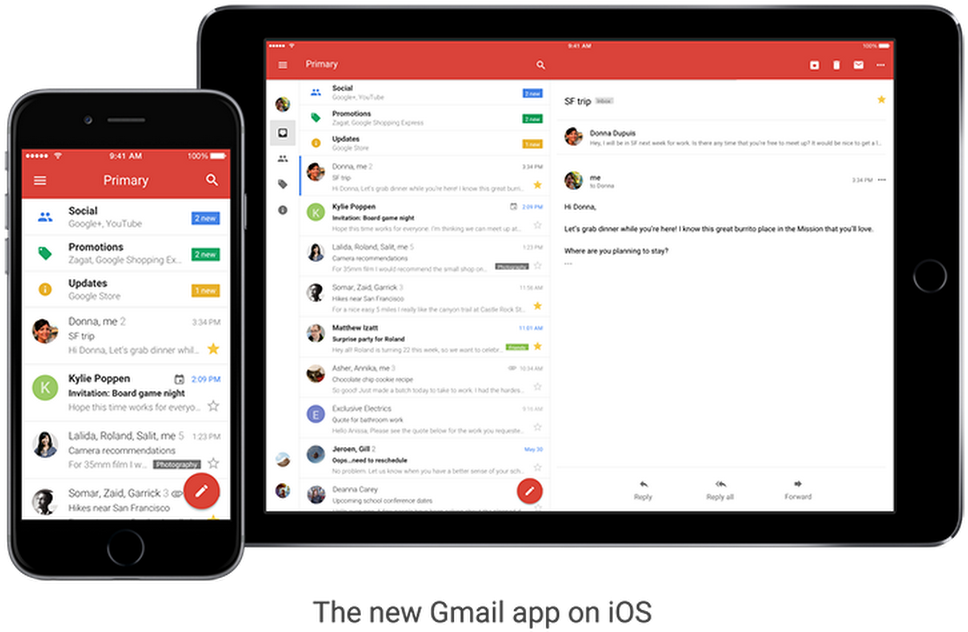 Gmail 動圖 桌布 壁紙 — 一部智慧型手機和平板電腦顯示新的Gmail應用程式介面，帶有紅色標題和深色背景上的電子郵件線程。