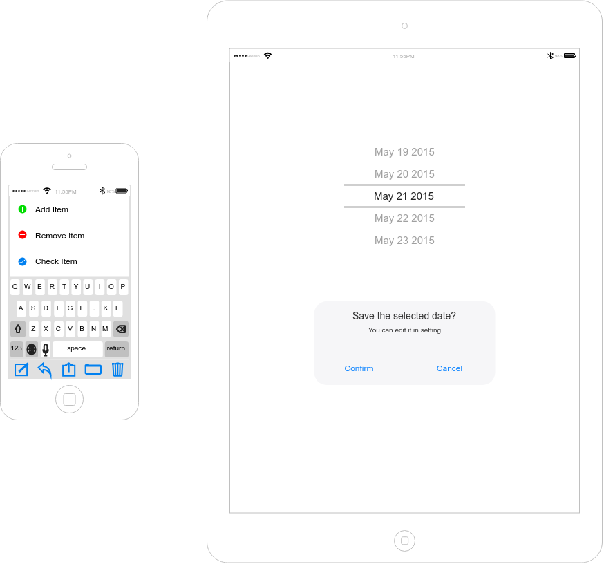 白色 iPhone 桌布 壁紙 — 一部智慧型手機和平板電腦顯示日期選擇器介面，選中2015年5月21日，並出現一個確認對話框詢問是否儲存該日期。
