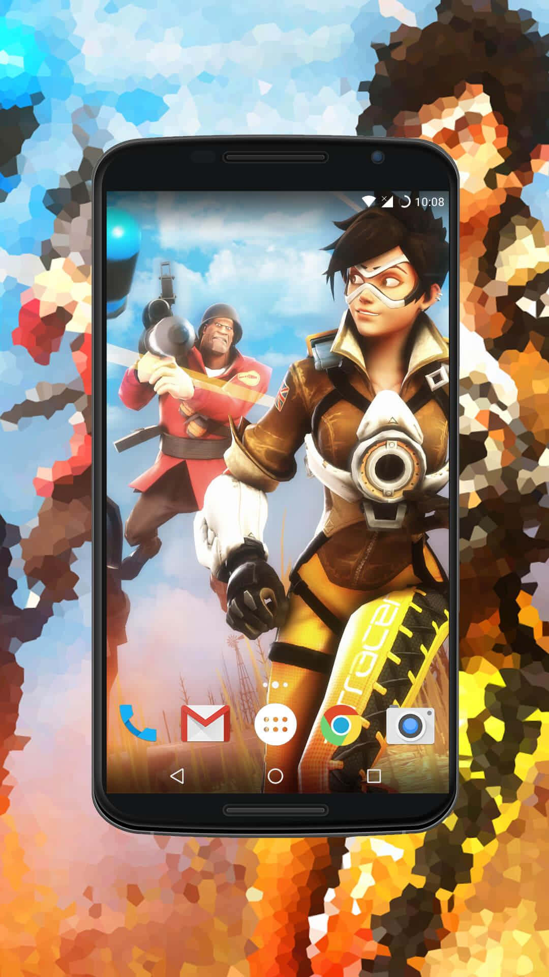 Pixel 3xl Team Fortress 2 桌布 壁紙 — 一部智慧型手機在充滿活力的像素化藍色和橙色背景上顯示《鬥陣特攻》角色。
