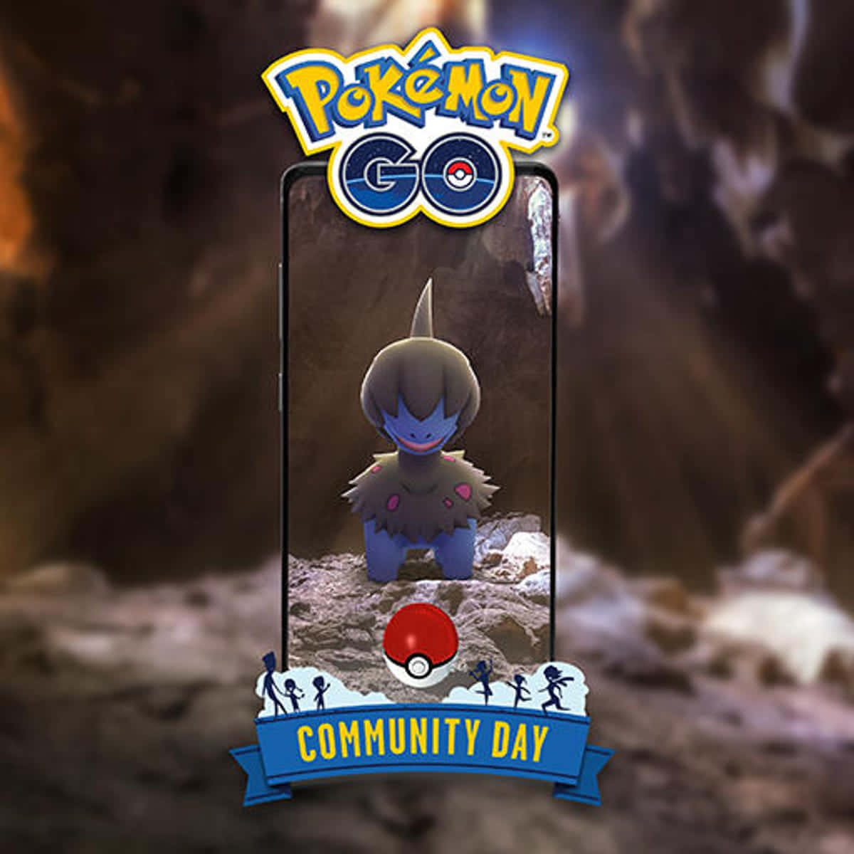 Pokémon 手機 桌布 壁紙 — 一部智慧型手機在岩石洞穴場景中顯示 Pokémon GO 社群日活動， featuring 寶可夢 Grimmsnarl。
